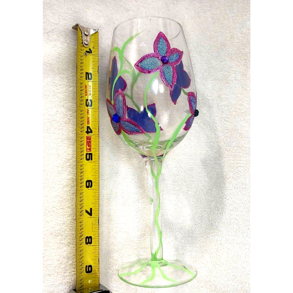 2 Saints HAND PAINTED 9" WINE GLASS Sparkle Violets Flowers w Bling Diamonds - Picture 14 of 16